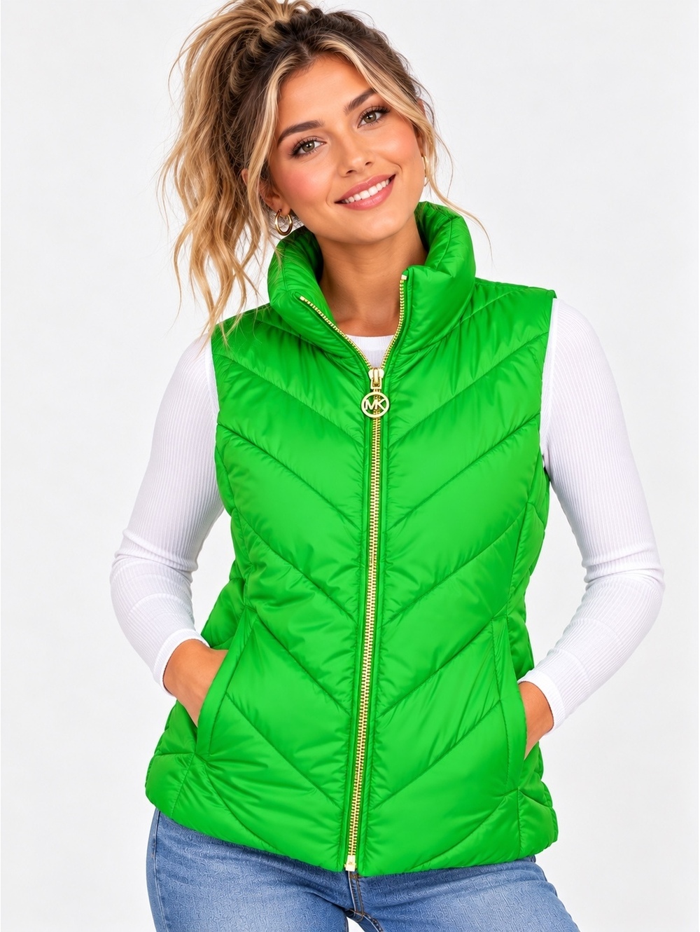 NWT Michael Kors Women’s Puffer Vest Small Spring Green Quilted Full Zip